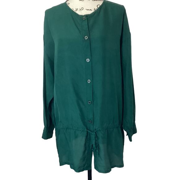 Vintage Quarters Tunic Top Silk Drawstring Drop Waist Button Front Oversized 90s - Picture 1 of 13